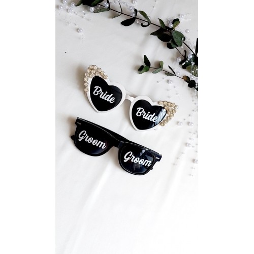 Taşlı Bride ve Groom Gözlük İkili Set