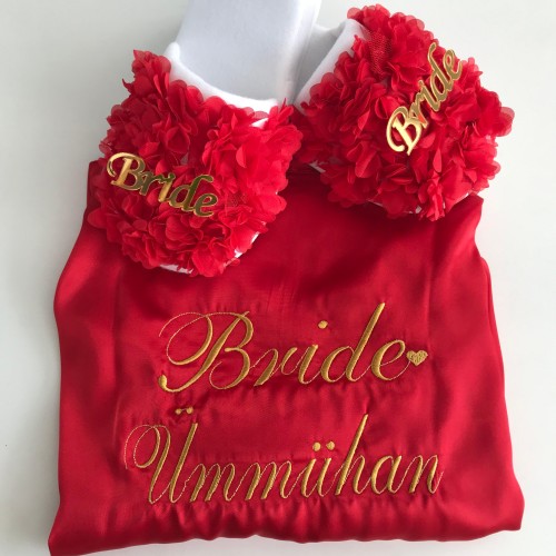 Bride Sabahlık ve Bride Terlik – Kırmızı Gelin Hazırlık Seti | Alaz Tasarım Hobi