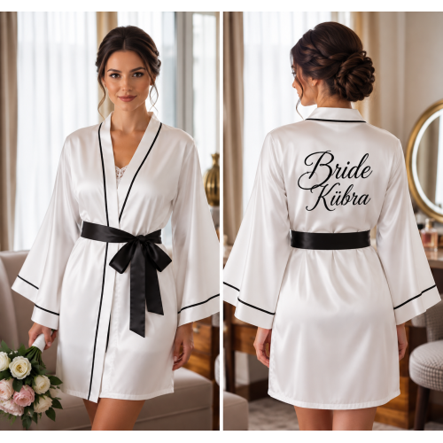 Bride Siyah Biyeli Kişiye Özel Nakışlı Gelin Sabahlığı – Saten Bride Sabahlık