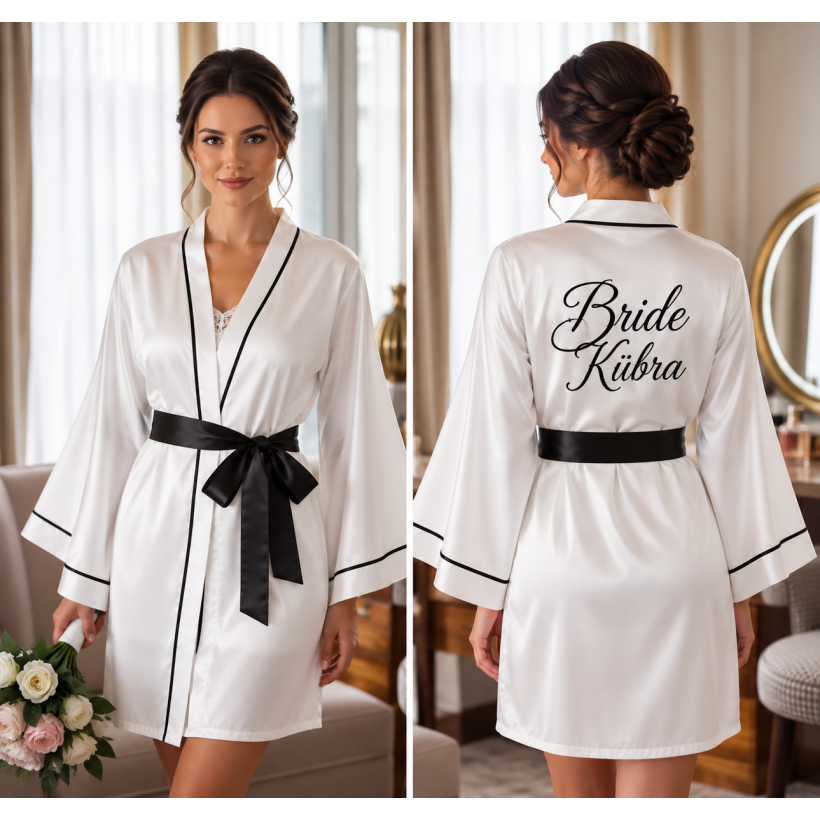Bride Siyah Biyeli Kişiye Özel Nakışlı Gelin Sabahlığı – Saten Bride Sabahlık