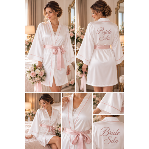 Bride Pudra Biyeli Kişiye Özel Nakışlı Gelin Sabahlığı – Saten Bride Sabahlık