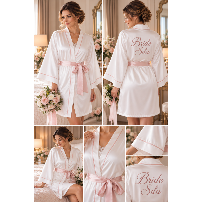 Bride Pudra Biyeli Kişiye Özel Nakışlı Gelin Sabahlığı – Saten Bride Sabahlık