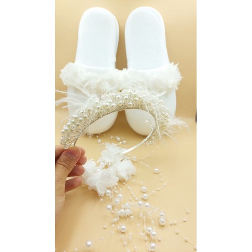 Beyaz incili lohusa terlik taç seti