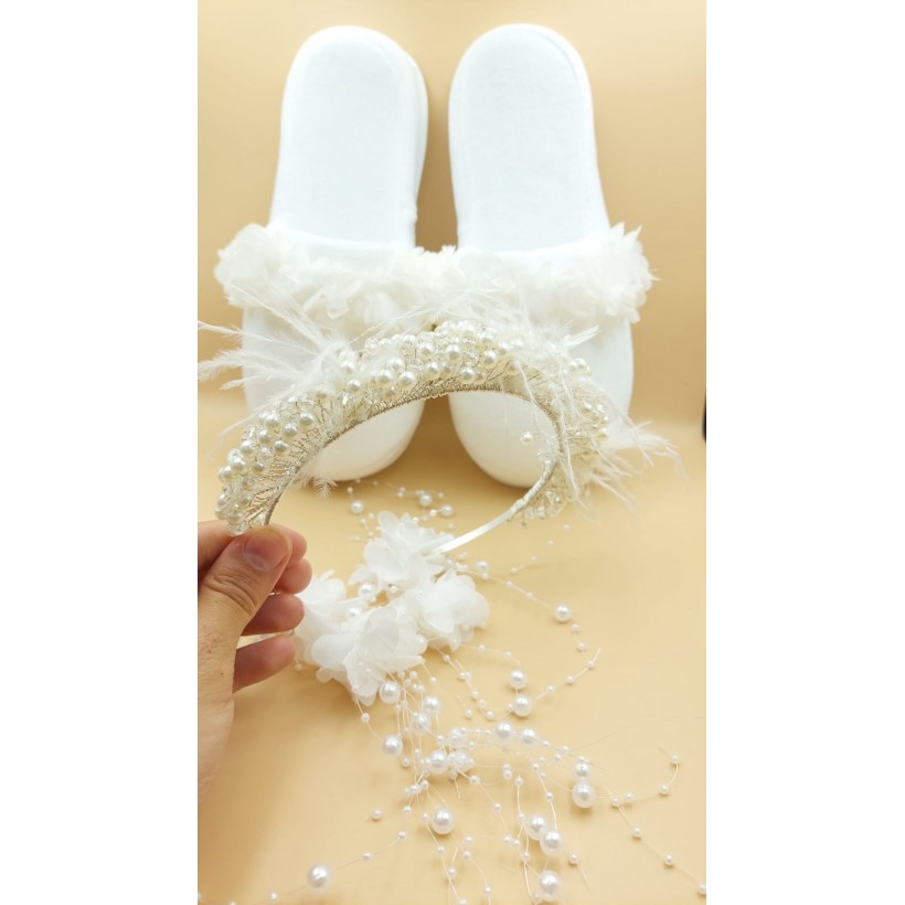 Beyaz incili lohusa terlik taç seti