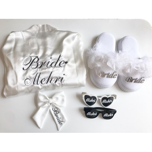 Gelin Sabahlığı 5’li Set – Bride Hazırlık Seti | Tüylü Sabahlık & Aksesuarlar