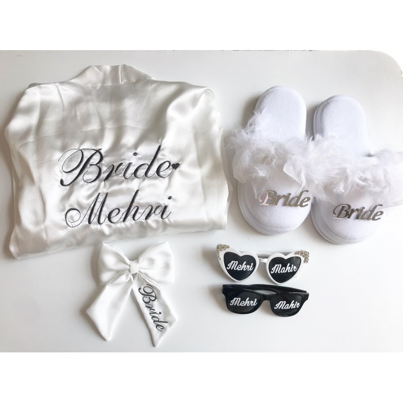 Gelin Sabahlığı 5’li Set – Bride Hazırlık Seti | Tüylü Sabahlık & Aksesuarlar