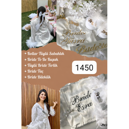 Kampanyalı Bride Seti – Kollar Tüylü Sabahlık, Tüylü Terlik, Taç, Kuşak ve Bileklik – Kişiye Özel Gelin Seti