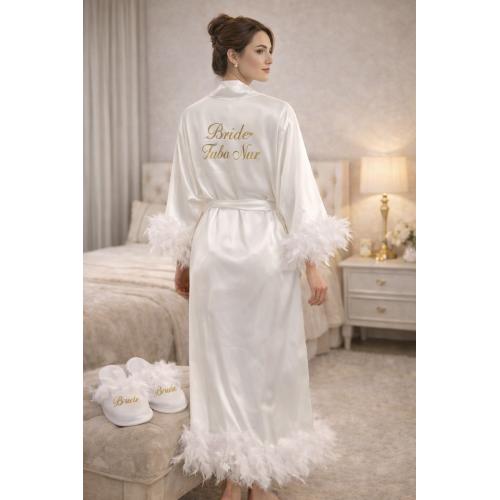 Uzun Bride Sabahlık Tüylü + Tüylü Terlik – Gelin Hazırlık Seti | Alaz Tasarım Hobi