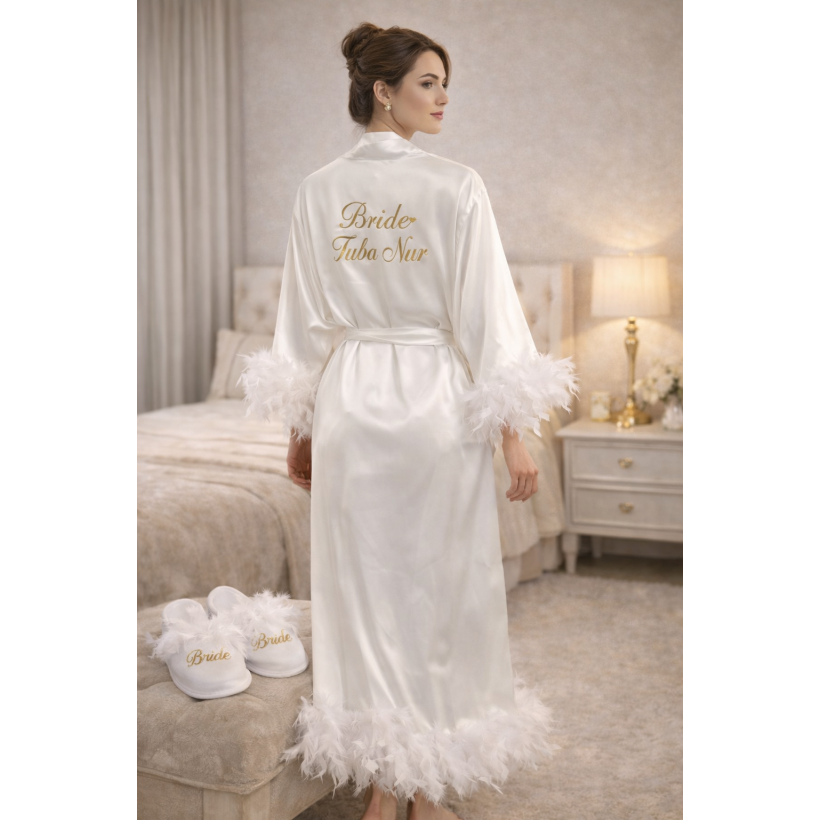 Uzun Bride Sabahlık Tüylü + Tüylü Terlik – Gelin Hazırlık Seti | Alaz Tasarım Hobi